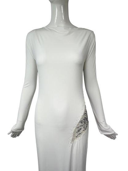 Mandalay Deadstock White Backless Stretch Jersey Gown | Y2K Maxi Dress | Wedding or Bridal Reception Dress size 10 and 8