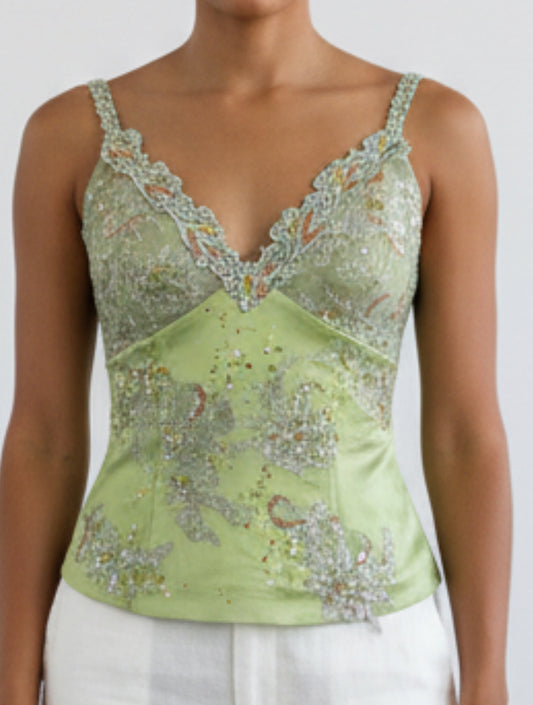 Vintage Y2K Deadstock Mandalay Satin Beaded Corset Top | Green Lace & Sequin Embellished (sz 14)