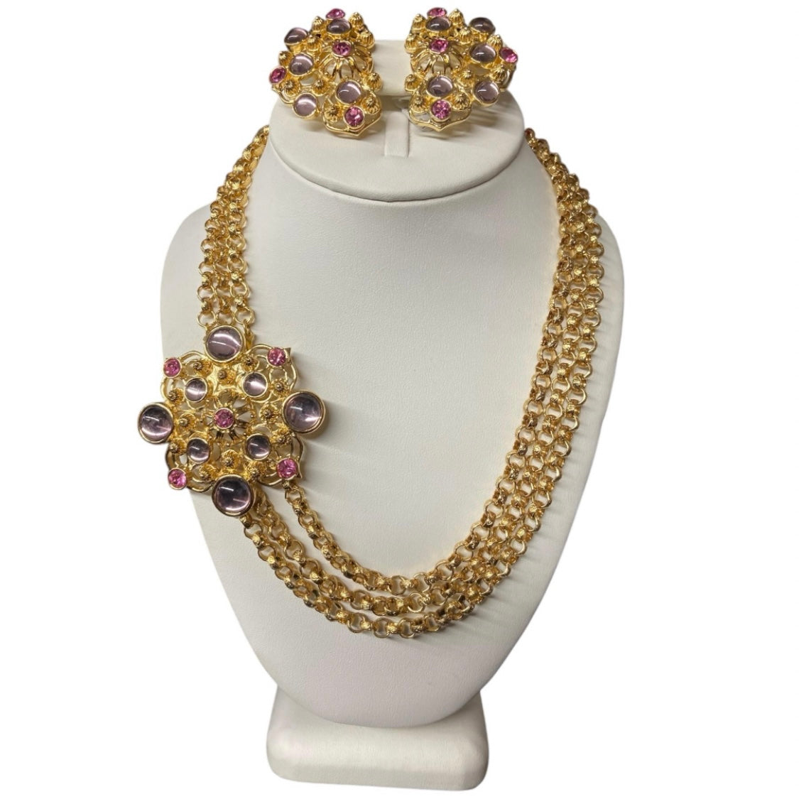 80’s Barrera for Avon Goldtone Necklace & Earrings Set with Lavender and Pink Glass Gems