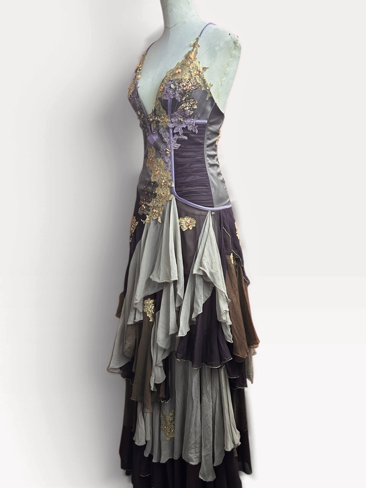 Mandalay Long Layered Silk Gown with Lace and Beaded Details Brown and Lavender size 12