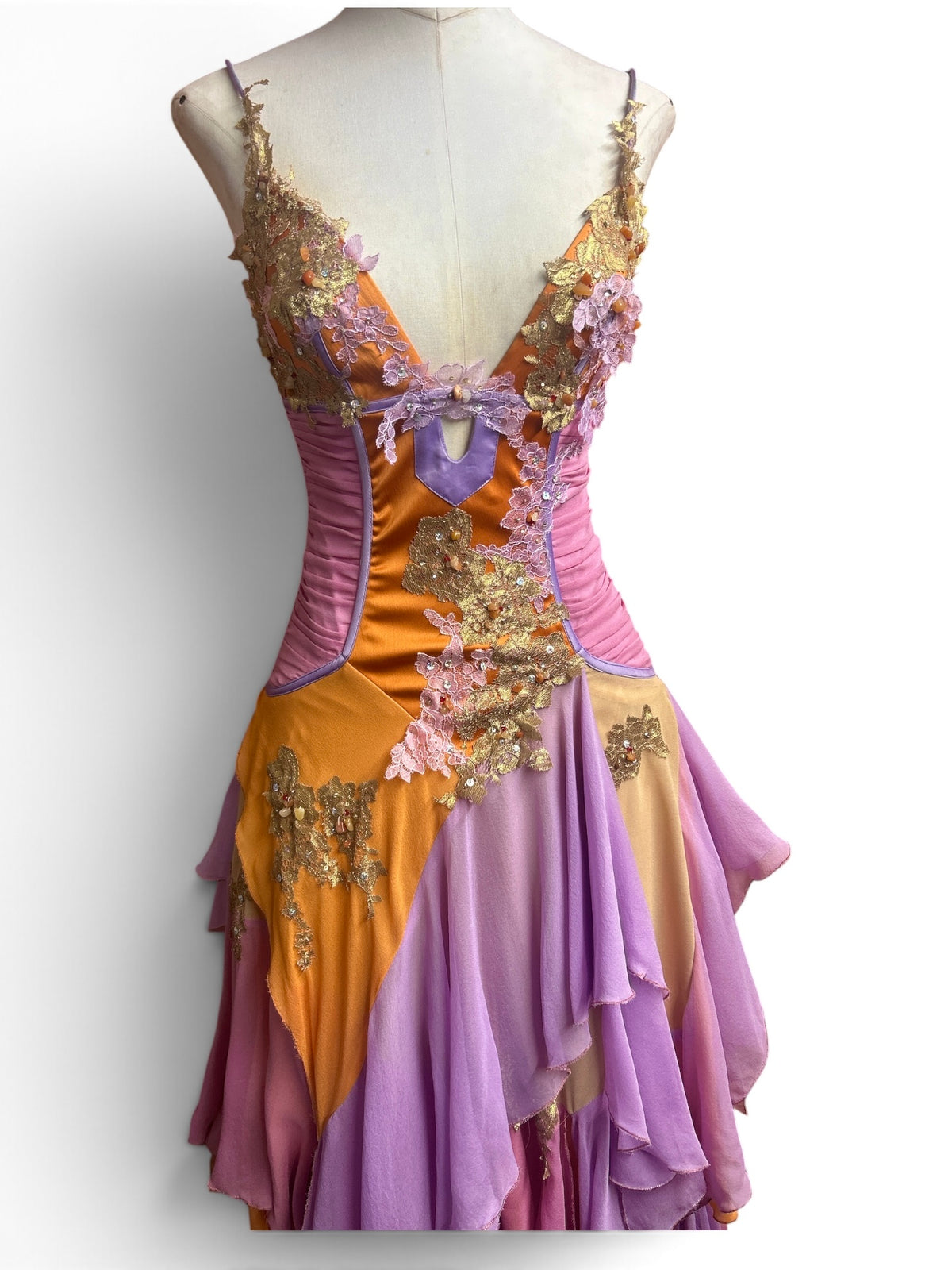 Mandalay Long Layered Silk Gown with Lace and Beaded Details – Sunset Lavender, Rose & Gold sizes 4-6-8-10 Addison Rae