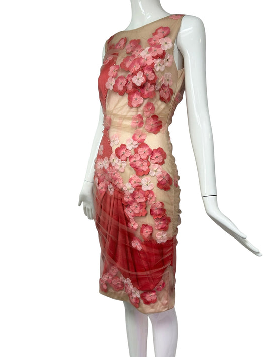 Mandalay Illusion Floral Appliqué Dress – Deadstock Y2K Mesh Cocktail Dress | Size 6. AS-IS