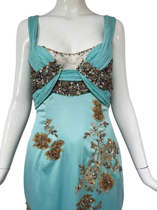 Mandalay Aqua Silk Chiffon Beaded Evening Dress – Deadstock Y2K Embroidered Gown | Size 6    AS-IS