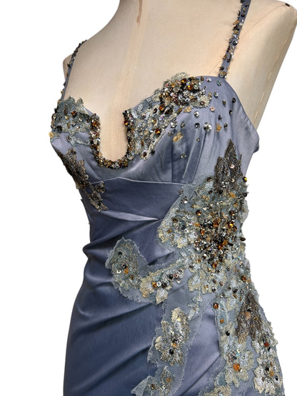 Deadstock Mandalay French Blue Wrap Stretch Satin Beaded Embroidered Dress — Size 6