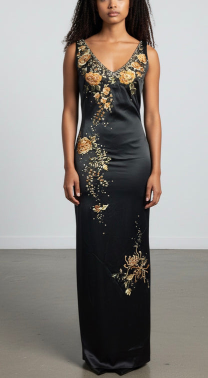 Deadstock Mandalay Embroidered Gown — Black Floral | Size 6w