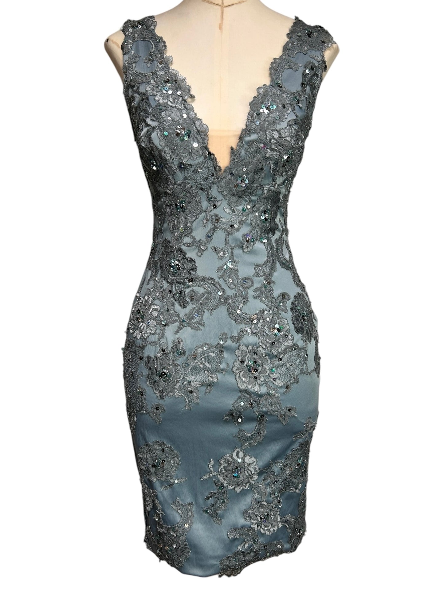 Deadstock Mandalay French Blue Silk Satin Beaded Lace Dress — Size 6