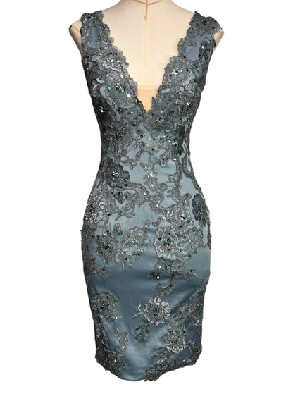 Deadstock Mandalay French Blue Silk Satin Beaded Lace Dress — Size 6