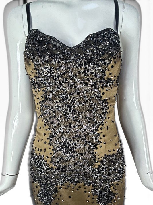 Deadstock Mandalay Bronze Stretch Satin Embroidered Dress – Size 6
