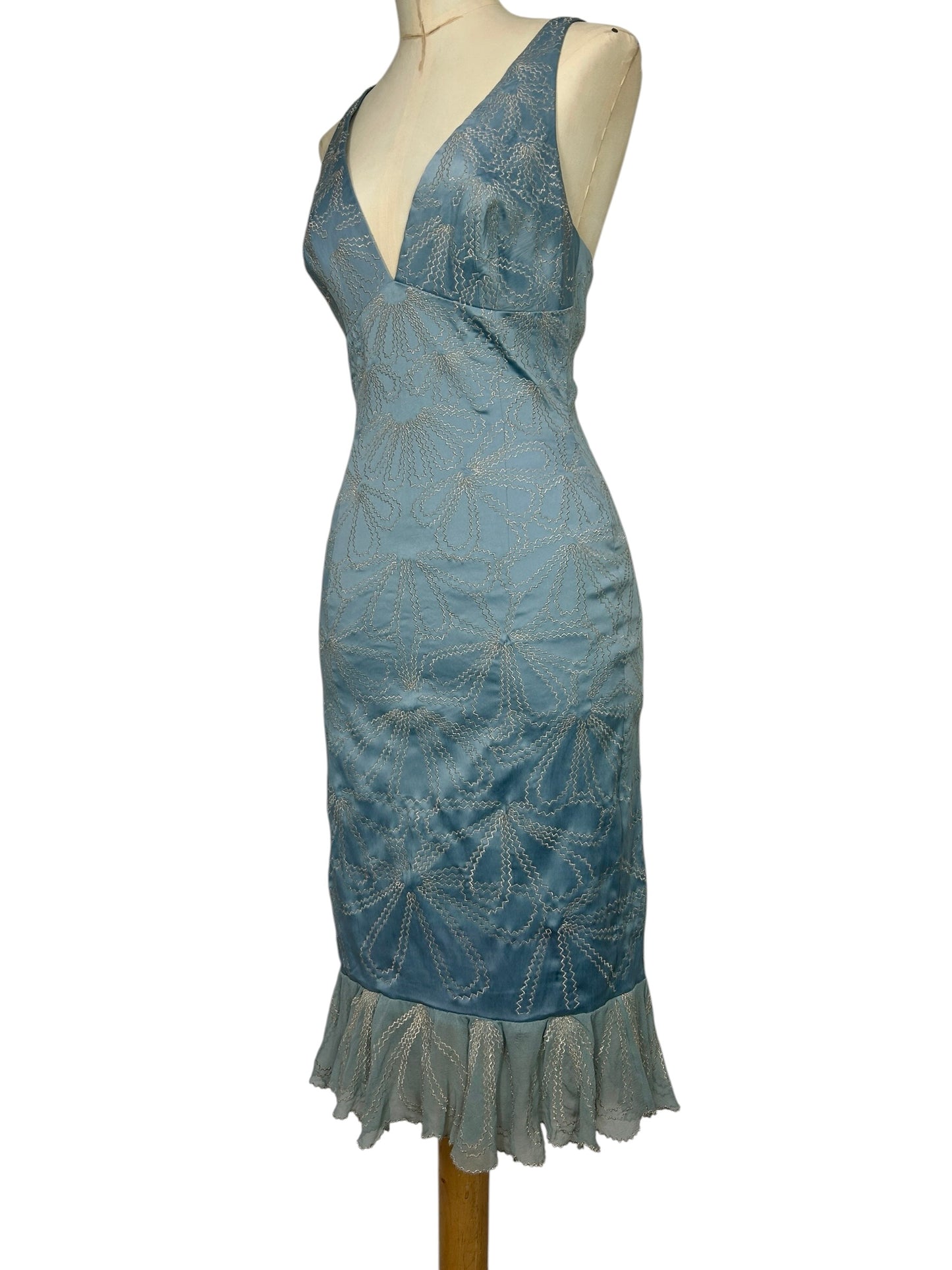 Deadstock Mandalay Sky Blue Satin Embroidered Mermaid Dress – Y2K Silver Embroidery Silk Chiffon Hem Cocktail Dress Size 6