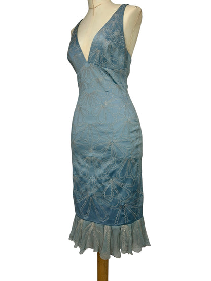 Deadstock Mandalay Sky Blue Satin Embroidered Mermaid Dress – Y2K Silver Embroidery Silk Chiffon Hem Cocktail Dress Size 6