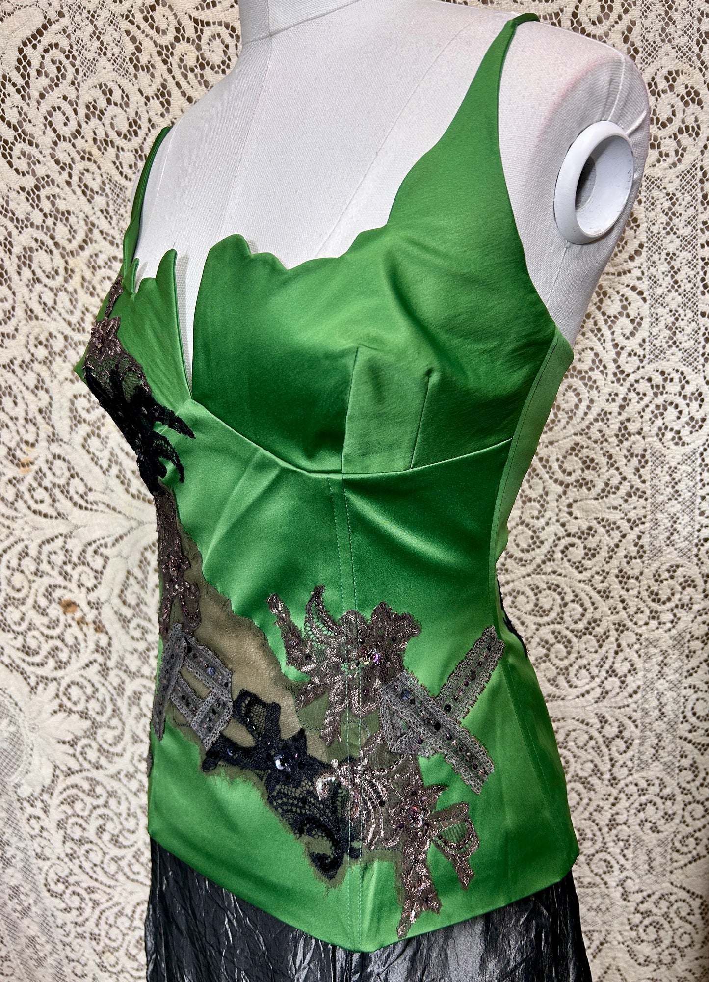 Deadstock Y2K Mandalay Emerald Satin Corset Top — Hand-Embellished Lace