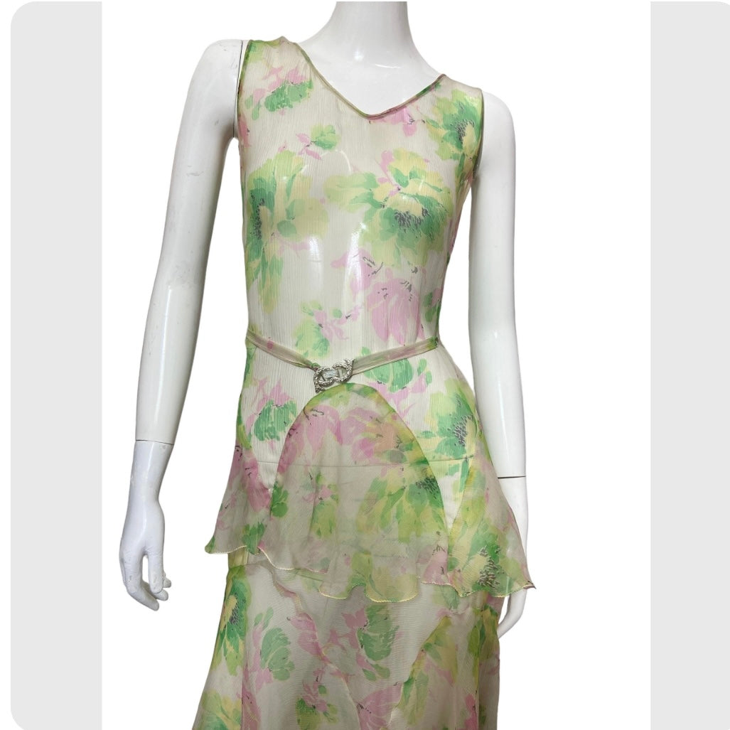 30’s Pink & Green Floral Print Silk Crepe Dress with Matching Capelet and Belt