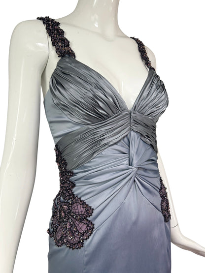 Mandalay Silver Blue Ruched Satin Cocktail Dress – Deadstock Y2K Beaded Wiggle Dress | Size 10