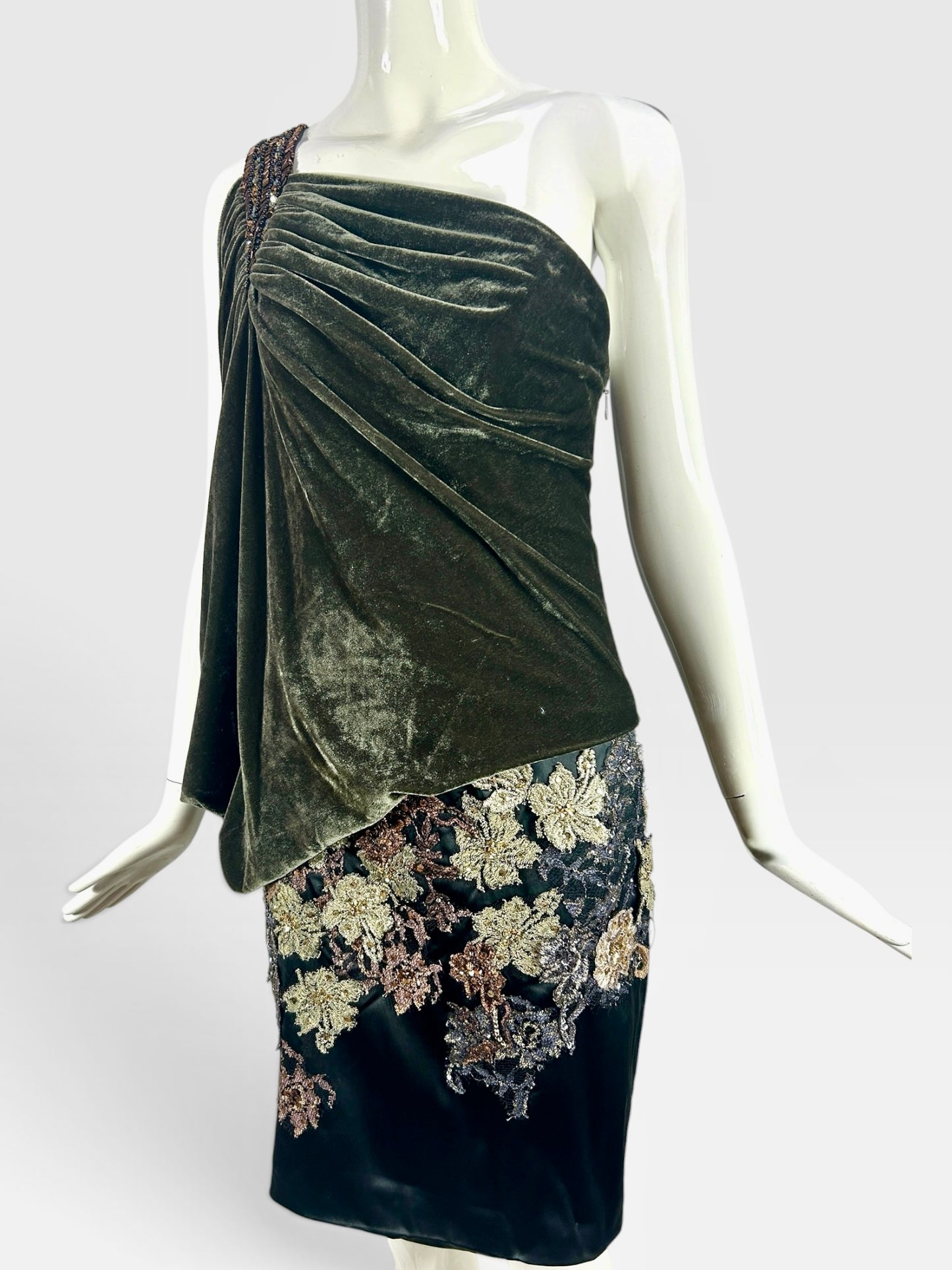 Crushed velvet olive and black one shoulder, Mandalay dress size 8