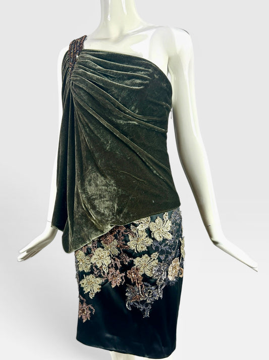 Crushed velvet olive and black one shoulder, Mandalay dress size 8
