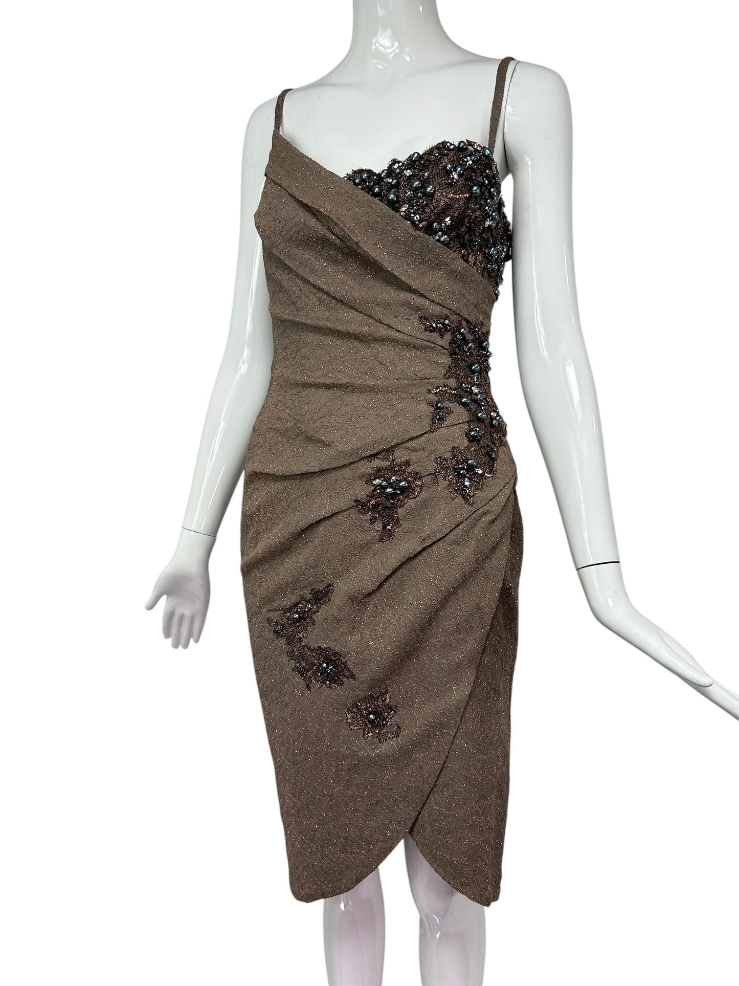 Mandalay Cocoa Embroidered Wrap Dress – Deadstock Beaded Cocktail Dres – Cannonball and Tilly