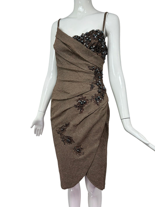Mandalay Cocoa Embroidered Wrap Dress – Deadstock Beaded Cocktail Dress | Size 6