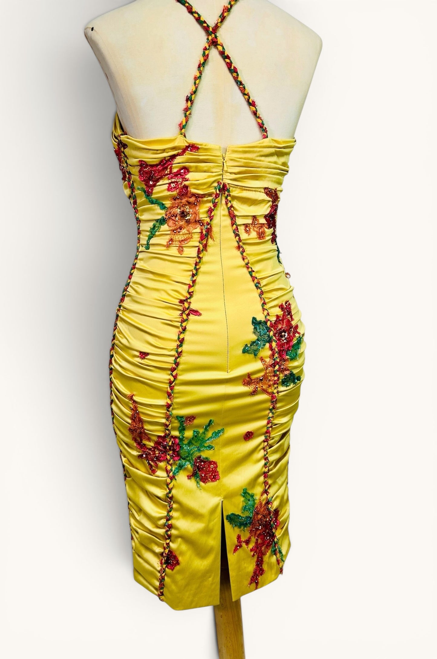 Mandalay Deadstock Beaded Ruched Stretch Satin Dress | Tropical Floral Embellished Wiggle Dress | Size 6