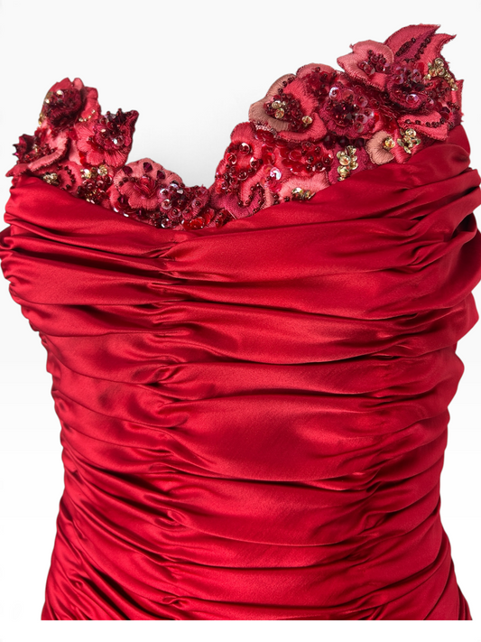 Deadstock Mandalay Red Ruched Floral Embellished Dress – Size 6