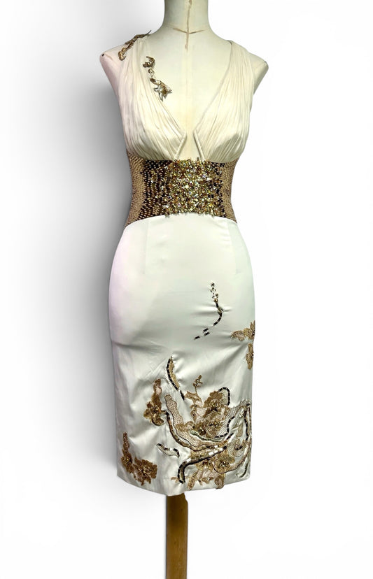 Mandalay Deadstock Stretch Satin & Gold Sequin Embellished Cocktail Dress Size 4