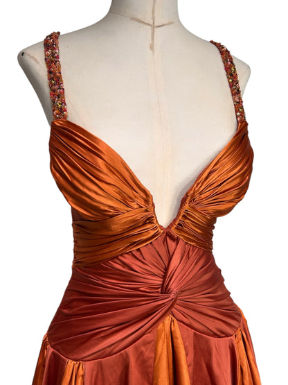 Deadstock Mandalay Burnt Copper Silk Satin Beaded Strap Dress — Size 6