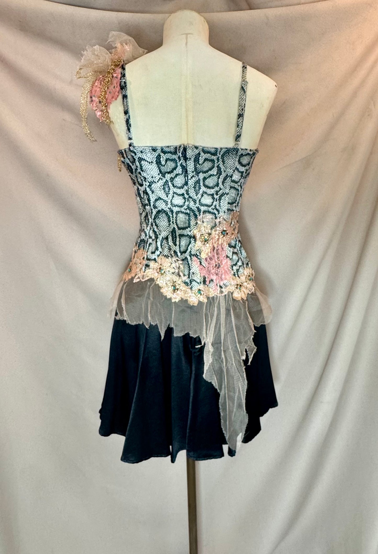 Y2K Deadstock Mandalay Sequin & Lace Top – Snake Print, Fairy Scarf Mesh Hem, Size 12