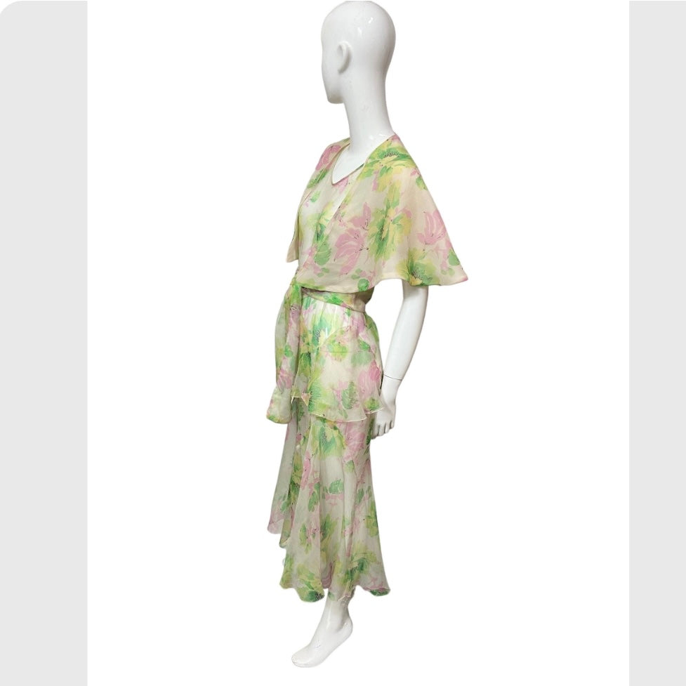 30’s Pink & Green Floral Print Silk Crepe Dress with Matching Capelet and Belt