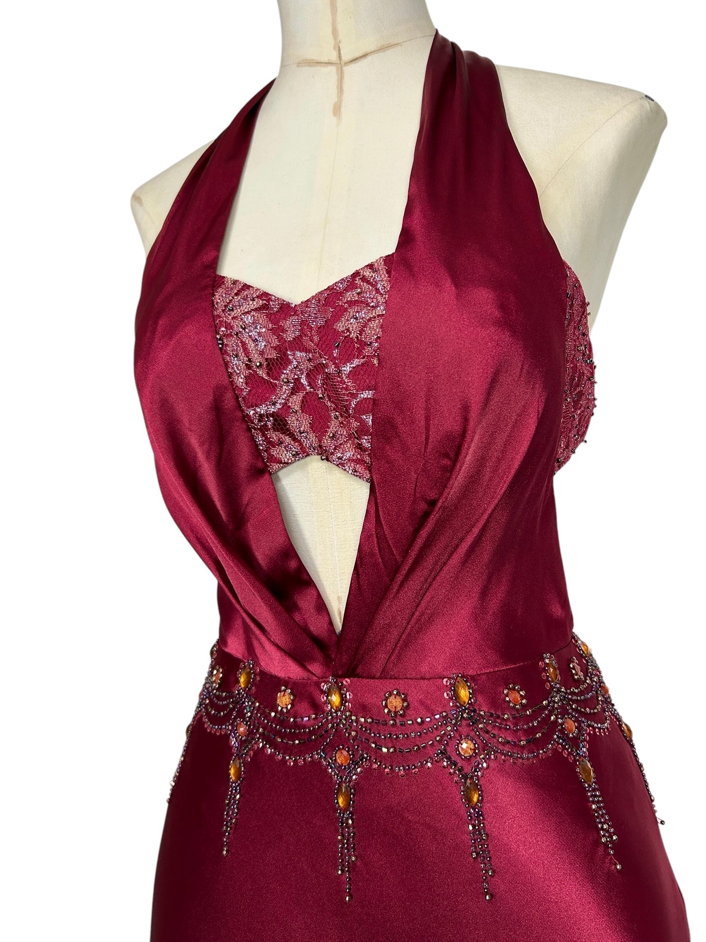 Deadstock Mandalay Burgundy Satin Cutout Halter Gown – Size 2