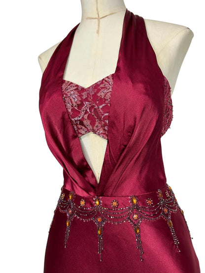 Deadstock Mandalay Burgundy Satin Cutout Halter Gown – Size 2