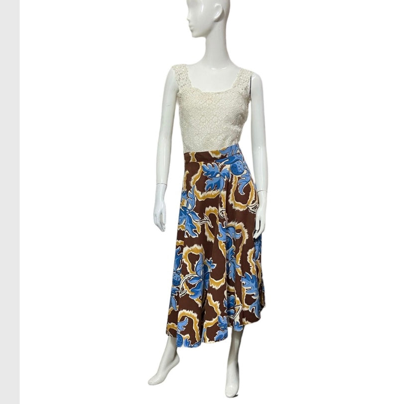 40’s Stylized Fruit and Branch Print Cotton Skirt