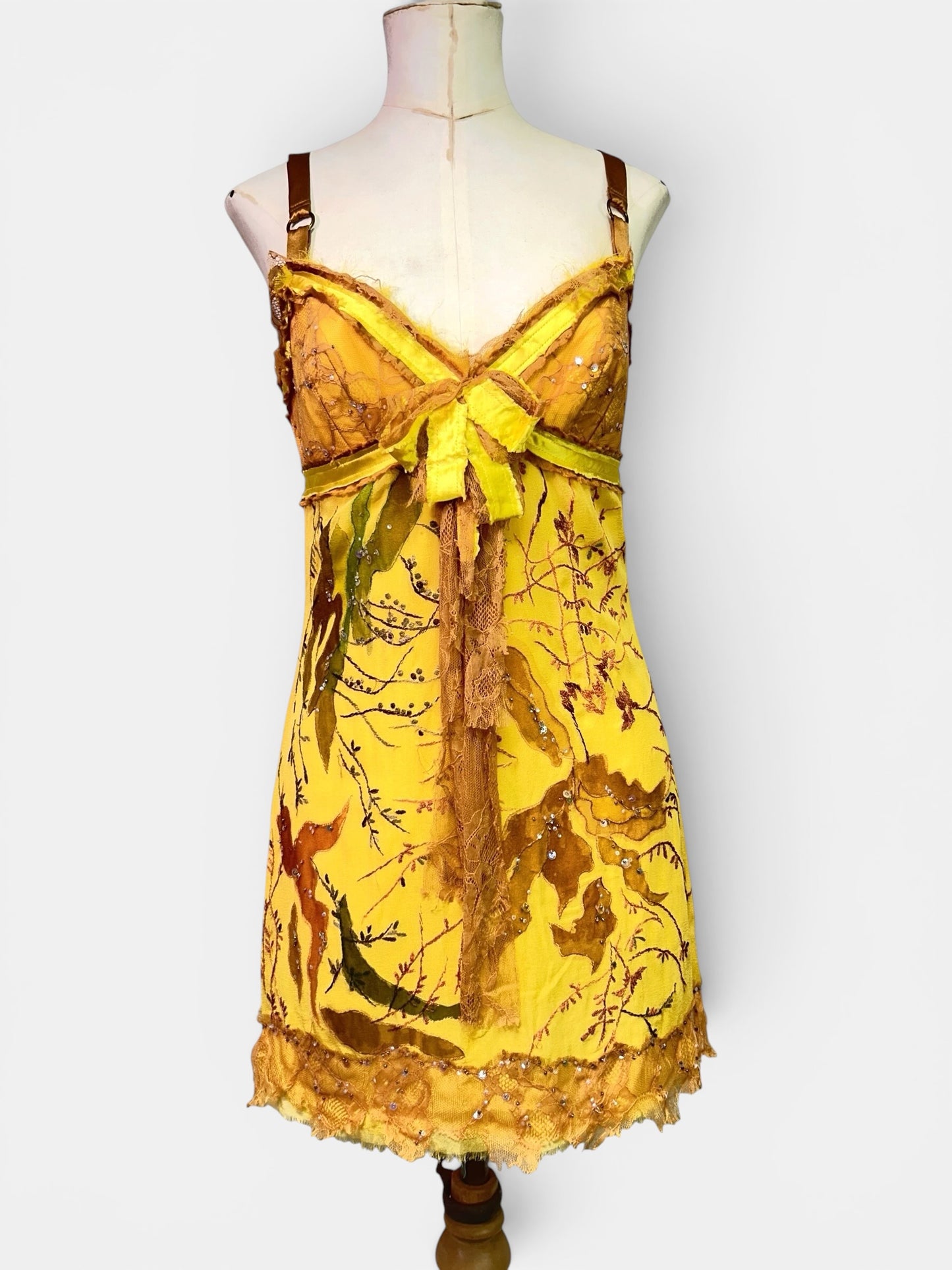 Mandalay One-of-a-Kind Silk Chiffon Beaded Fairy Babydoll Dress | Golden Chartreuse Appliqué | Size 6