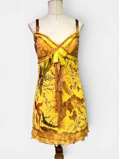 Mandalay One-of-a-Kind Silk Chiffon Beaded Fairy Babydoll Dress | Golden Chartreuse Appliqué | Size 6