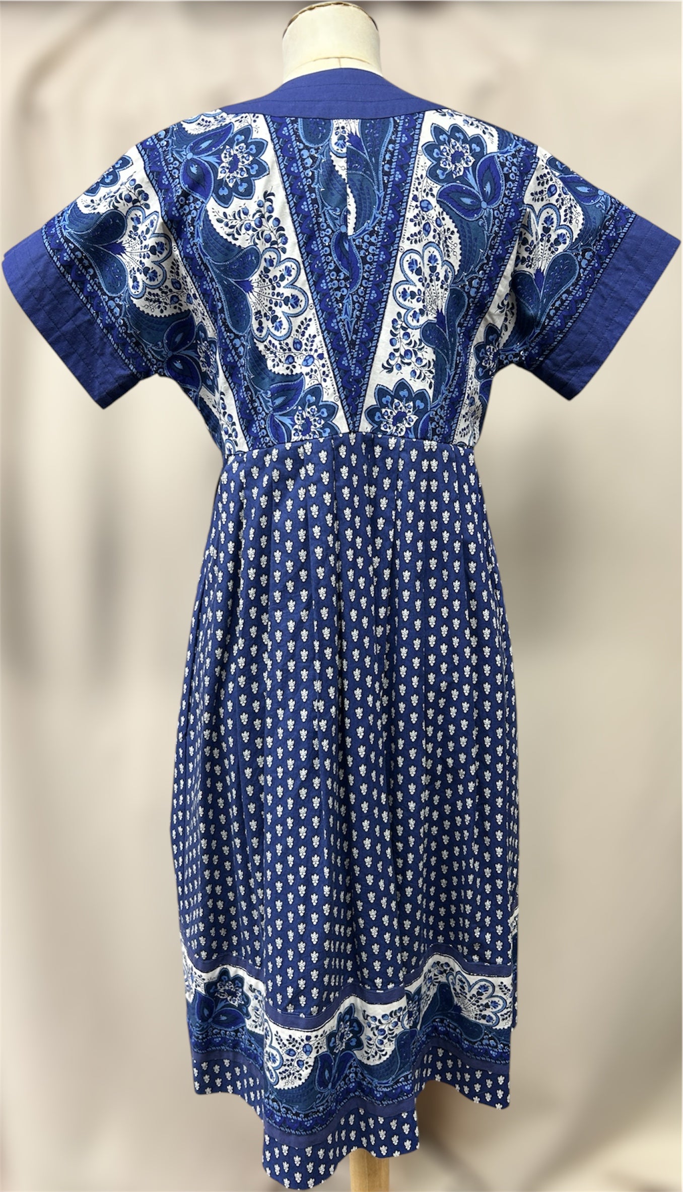 Vintage Pierre Deux by Soledad Cotton Wrap Dress – Blue & White Floral Block Print 
