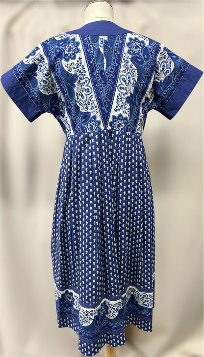 Vintage Pierre Deux by Soledad Cotton Wrap Dress – Blue & White Floral Block Print 