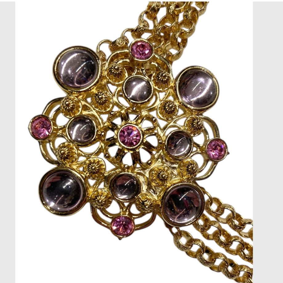 80’s Barrera for Avon Goldtone Necklace & Earrings Set with Lavender and Pink Glass Gems