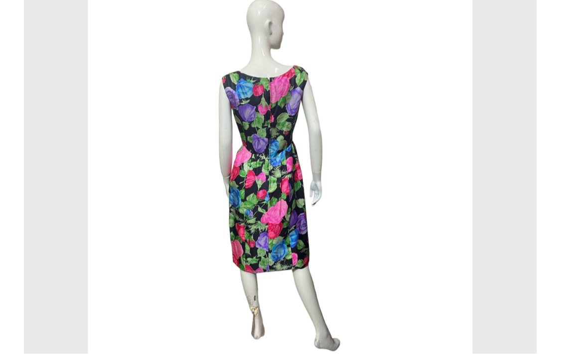 60’s Helga for I. Magnin Vivid Floral Print Cocktail Dress with Stylized Bow Detail 27” Waist