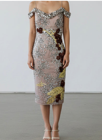 Extraordinary One-of-a-Kind Deadstock Mandalay 1940s Inspired Sequin Embroidered Cocktail Dress – Glamorous Y2K Designer Evening Wiggle Dress Size 6