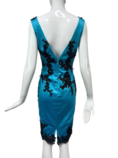 Mandalay Blue Illusion Lace Cocktail Dress – Deadstock Y2K Satin Dress | Size 6