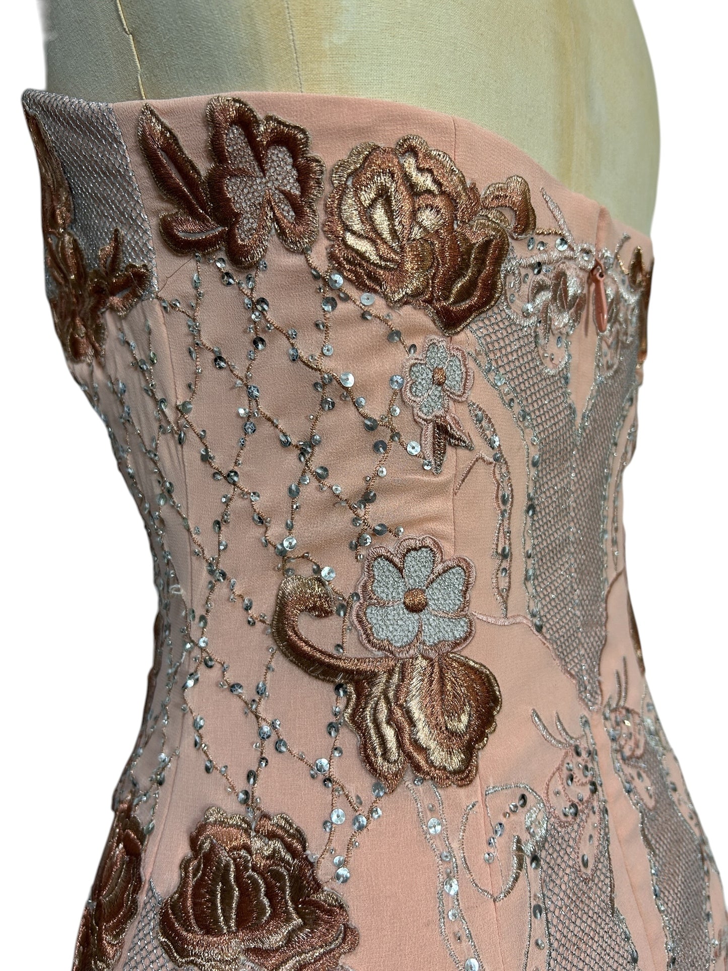 Ballet pink, heavily embroidered strapless, Mandalay wiggle dress size 6