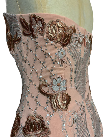 Ballet pink, heavily embroidered strapless, Mandalay wiggle dress size 6