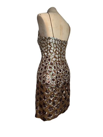 Deadstock Mandalay Bronze Sequin Silk Chiffon Dress — Size 6 — Embellished Vintage Mandalay