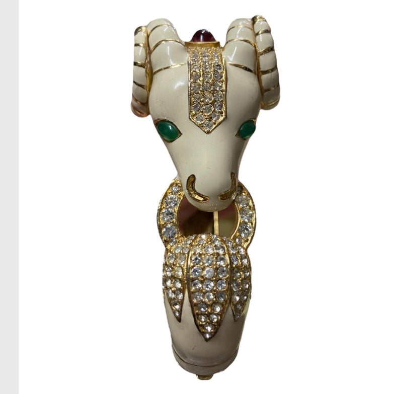 80’s Ciner Enamel Ram’s Head Bracelet with Rhinestones & Glass Cabochons