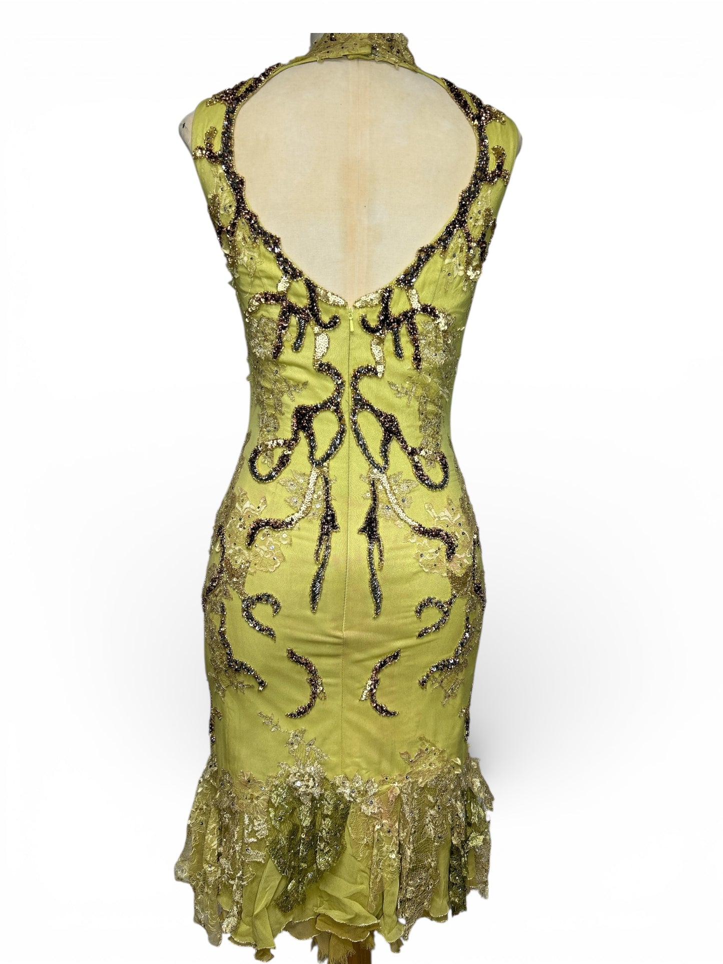Deadstock Mandalay Heavily Beaded Chartreuse Silk Dress — Size 6. —-AS-IS——