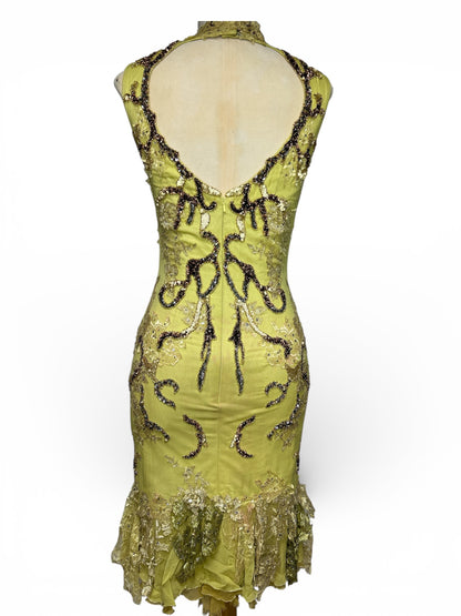 Deadstock Mandalay Heavily Beaded Chartreuse Silk Dress — Size 6. —-AS-IS——