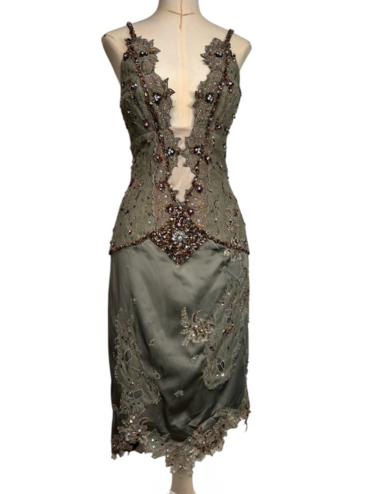 Deadstock Mandalay Sage Green Beaded Lace Silky Satin Dress — Size 8