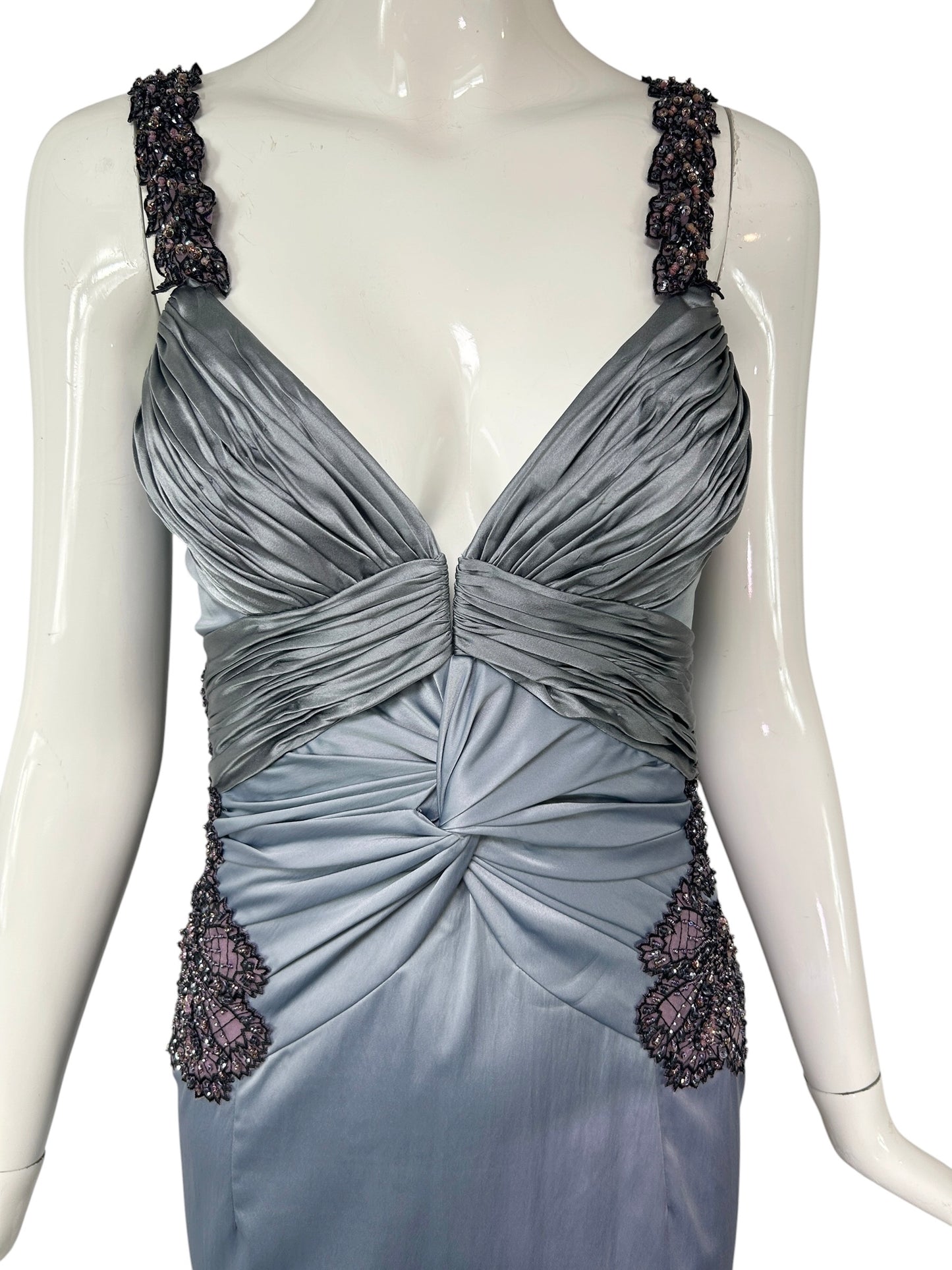 Mandalay Silver Blue Ruched Satin Cocktail Dress – Deadstock Y2K Beaded Wiggle Dress | Size 10