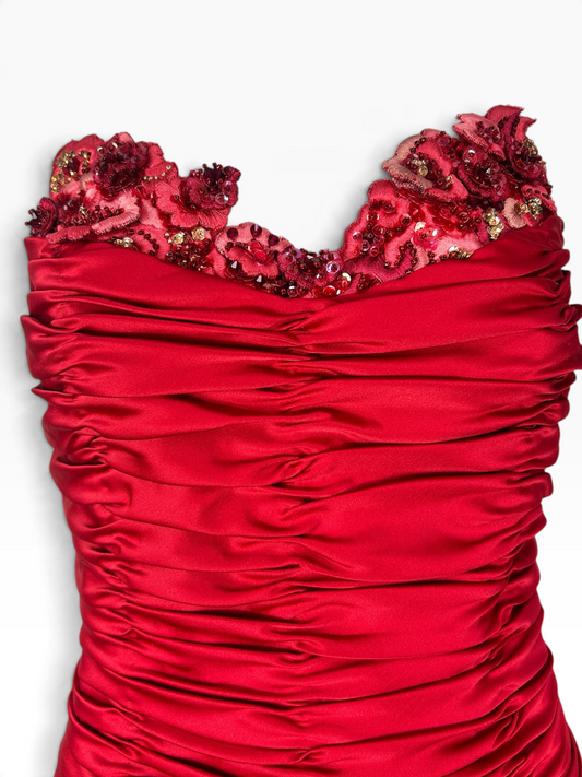 Deadstock Mandalay Red Ruched Floral Embellished Dress – Size 6