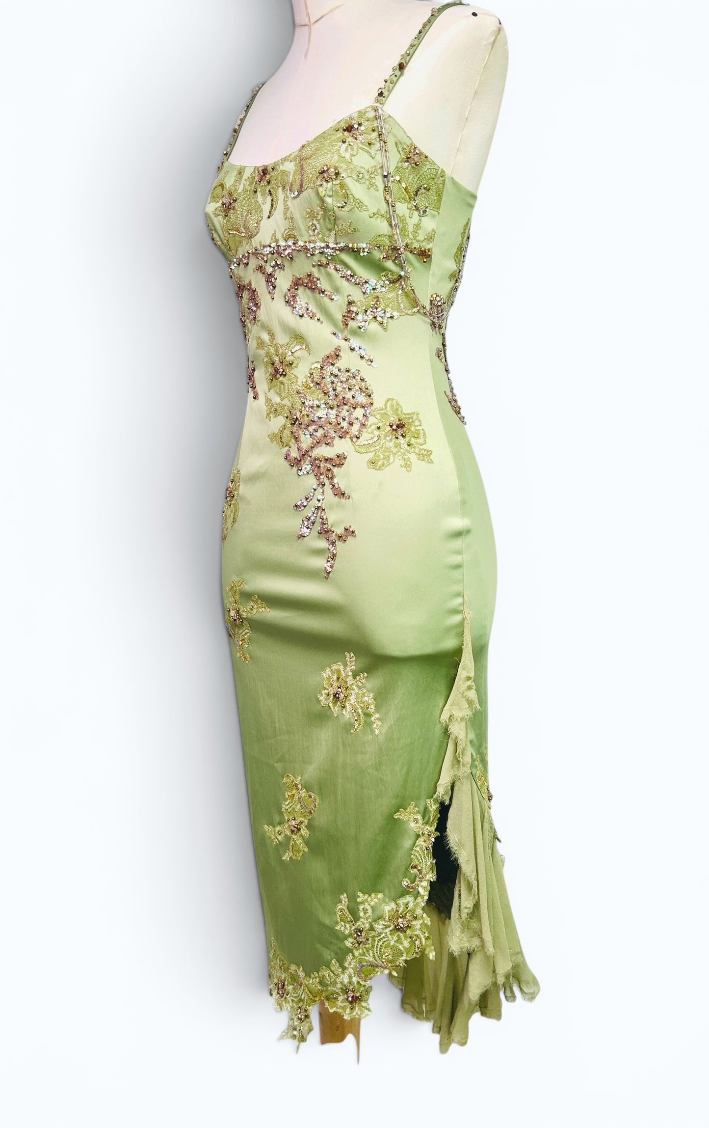 Mandalay Deadstock Beaded Satin Wiggle Dress | Pistachio Green Silk Chiffon Ruffle Hem | Size 6