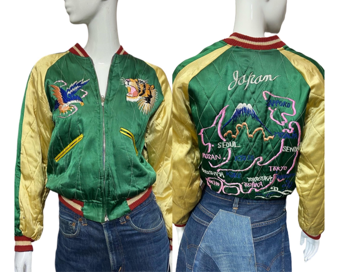 REVERSIBLE 50’s Satin Bomber Japan Souvenir Jacket with Tiger, Eagle and Map Embroidery