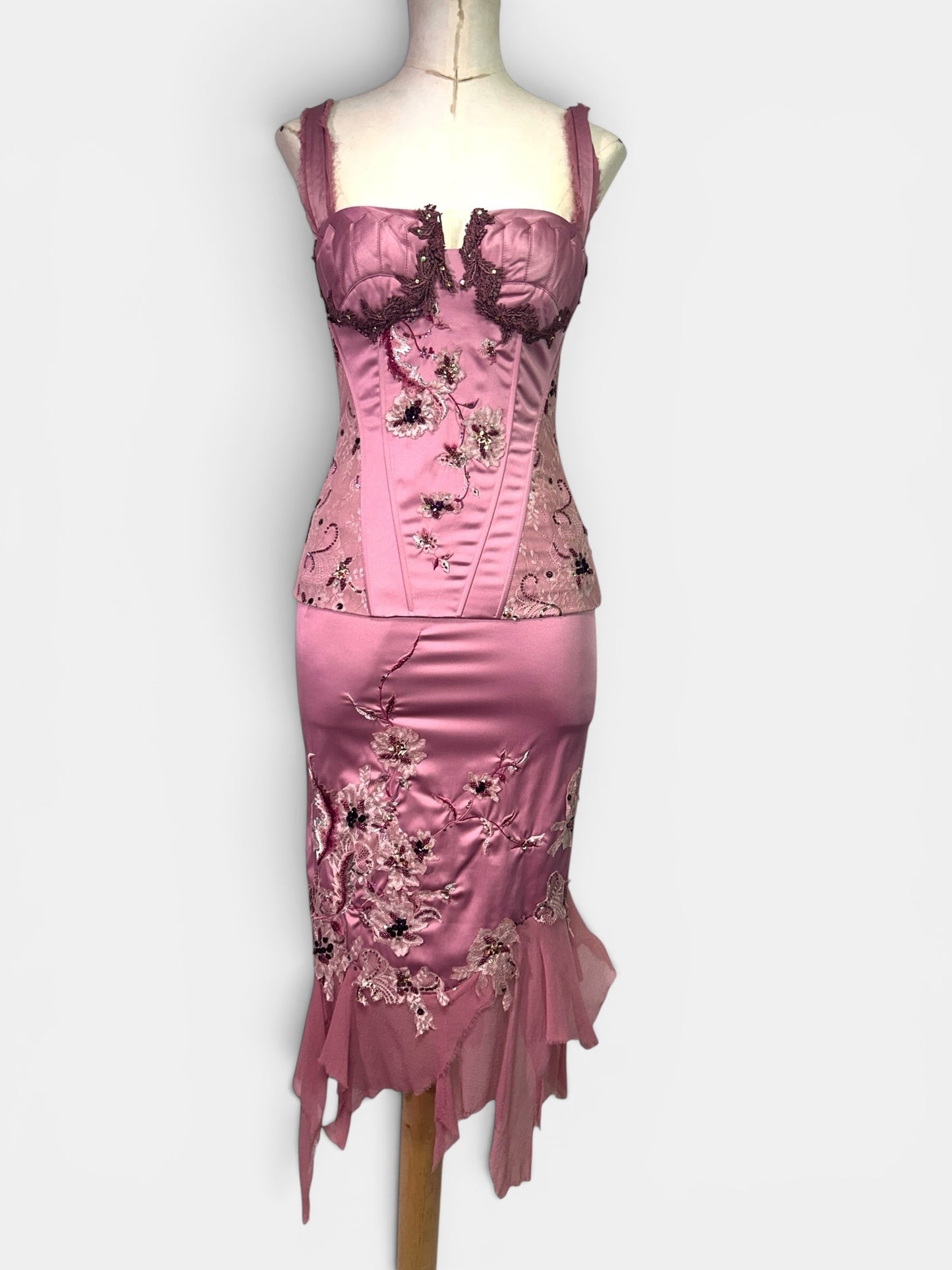 Mandalay Deadstock Dusty Rose Embellished Two-Piece Satin & Silk Chiffon Set | Top Size 8 / Skirt Size 6